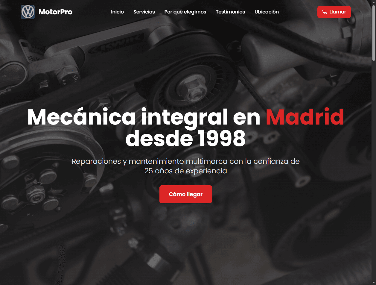Una captura de pantalla de la página de inicio del proyecto MotorPro - Taller de Coches
